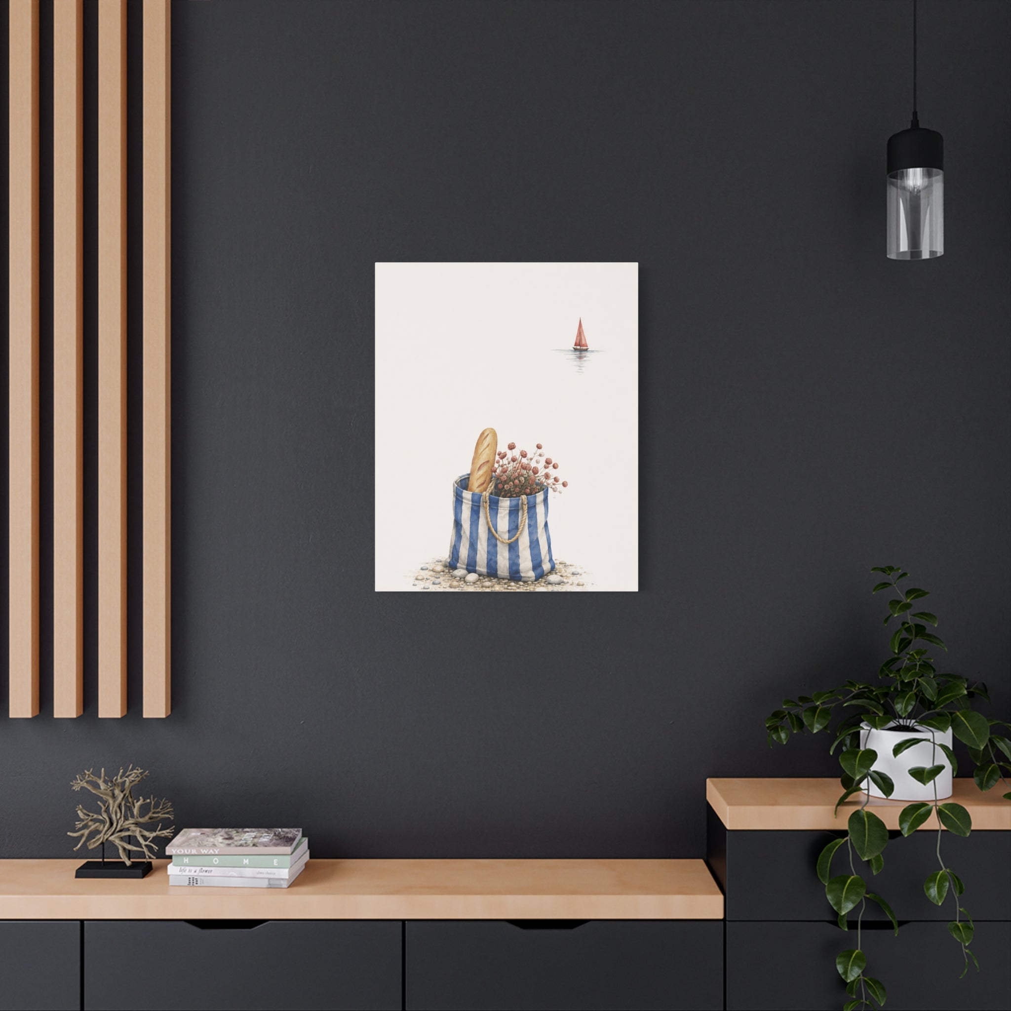 Market Bag by the Sea Canvas Print – Blue & Salt Mediterranean Kitchen Wall Art | Solen