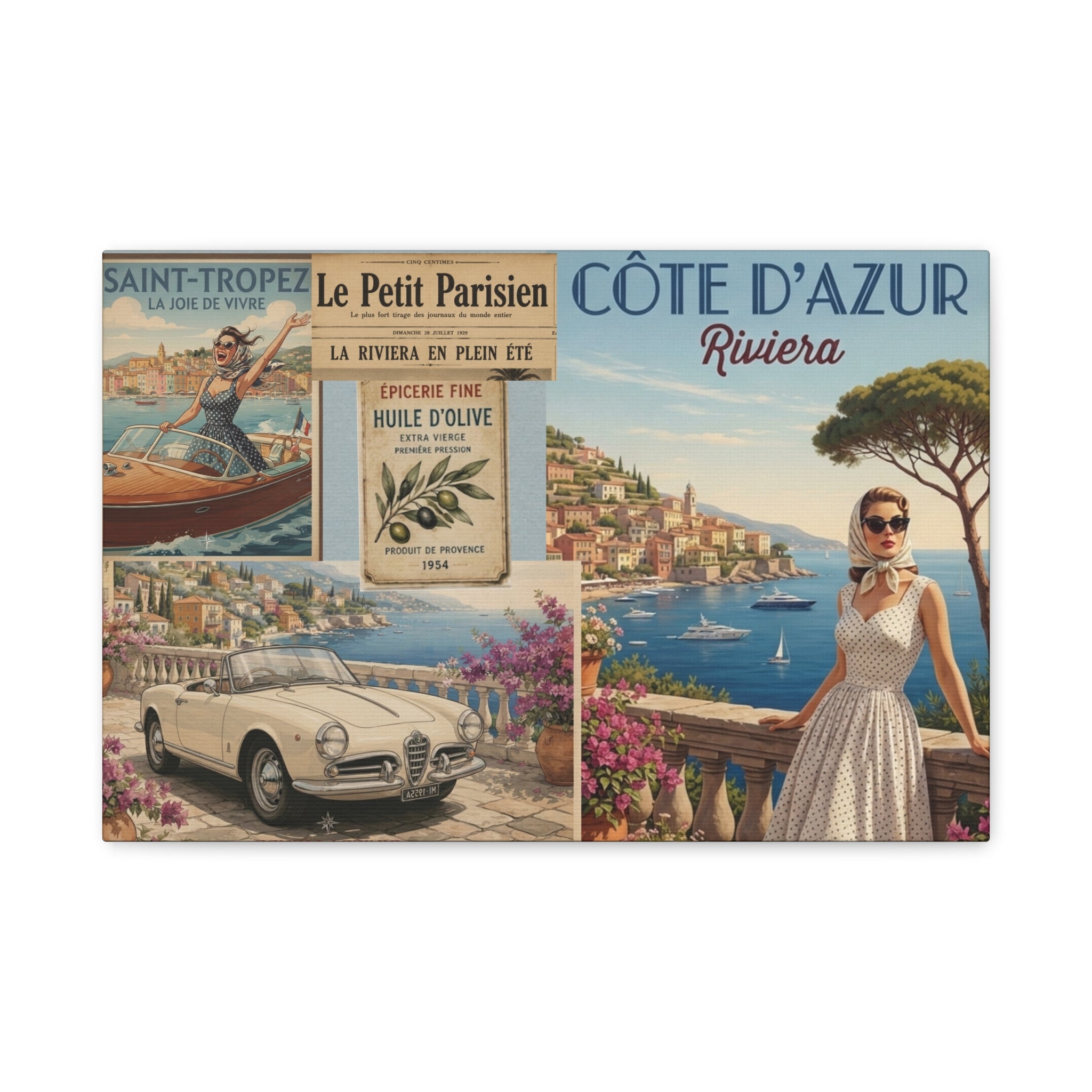 Côte d'Azur Collage Poster, Vintage French Riviera Wall Art, Retro Newspaper & Classic Car Print, Provence Decor, Solen