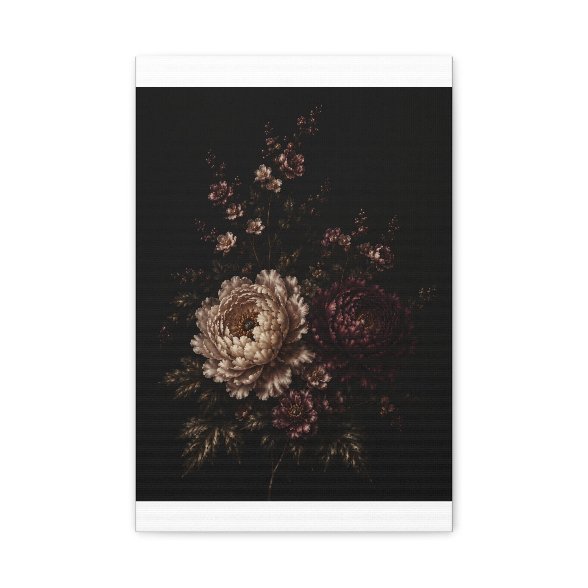 Dark Floral Canvas Wall Art, Ivory & Burgundy Peony Bouquet, Moody Botanical Painting on Black, Vintage Flower Wall Decor, Solen