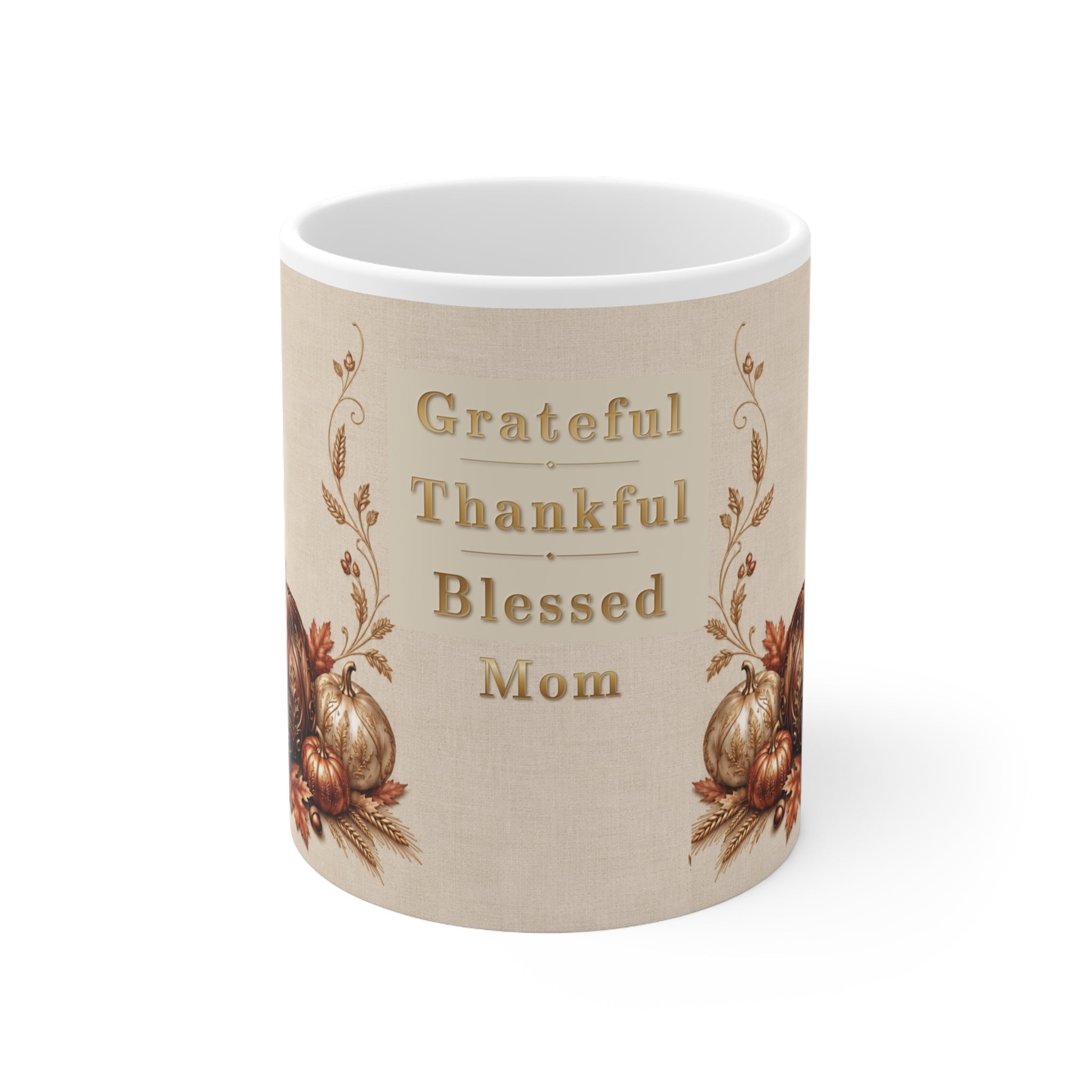 Grateful Thankful Blessed Mom Mug, Thanksgiving Gift for Mom, Pumpkin Fall Coffee Mug, Vintage Autumn Mug, Gold Look Ceramic Cup(11oz)