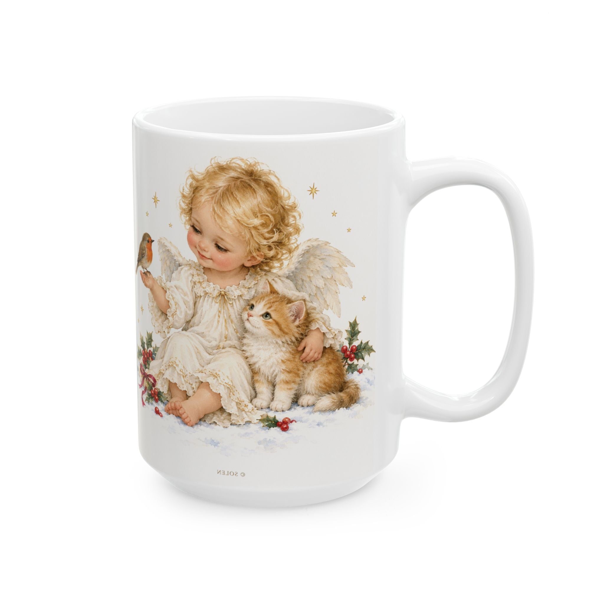 Angel & Robin Ceramic Mug — Vintage Christmas Holiday Coffee Cup (11oz, 15oz)