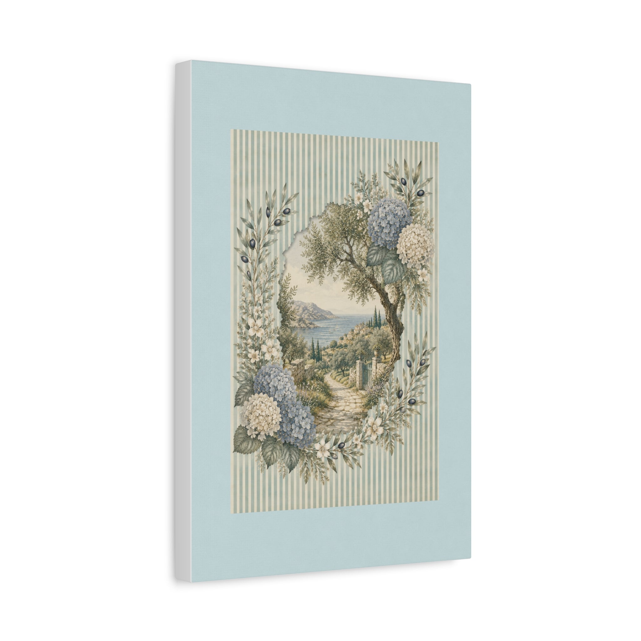 Coastal Garden Canvas Wall Art, Vintage Hydrangea Seaside Landscape Print, Blue Flower Coastal Decor, Cottage Wall Art, Solen