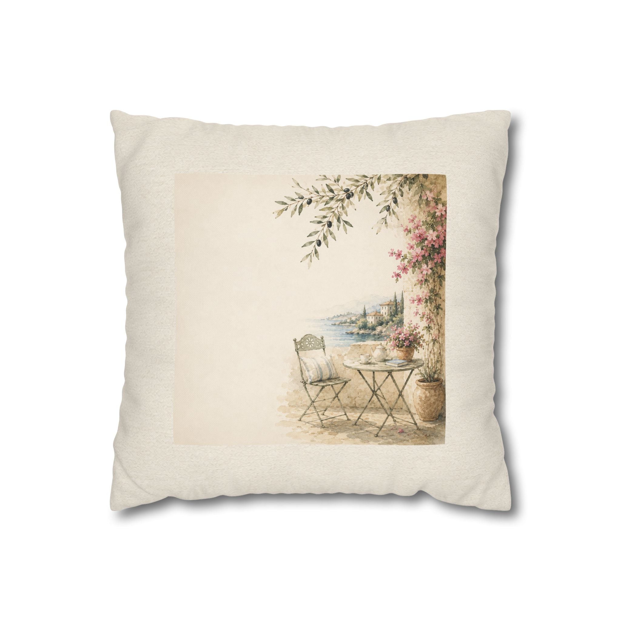 Mediterranean Terrace Illustration Throw Pillow Cover, Coastal Cafe Scene Cushion, Vintage Watercolor Sea View Decor, Square Pillow, Solen