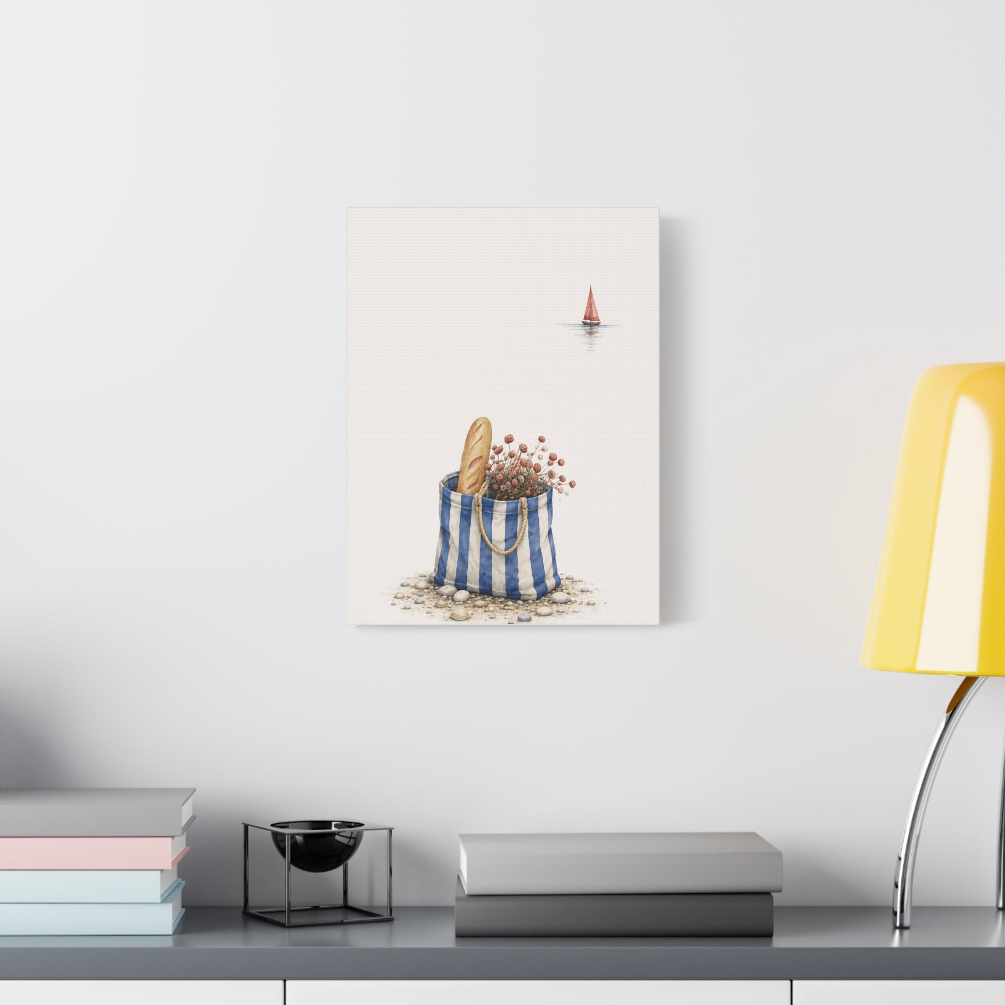 Market Bag by the Sea Canvas Print – Blue & Salt Mediterranean Kitchen Wall Art | Solen