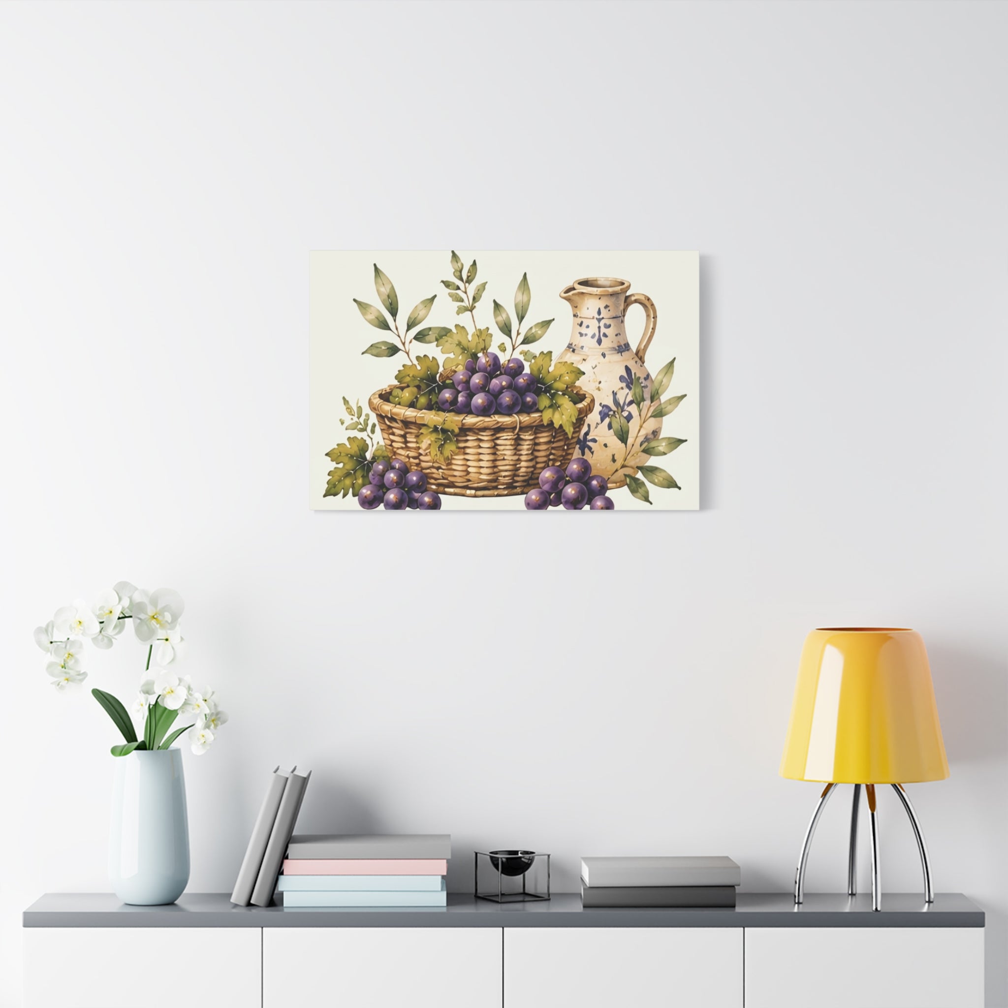 Grapes & Pitcher Matte Canvas Wall Art, Rustic Tuscan Kitchen Decor, Vintage Fruit Still Life Print, Dining Room Art, Solen