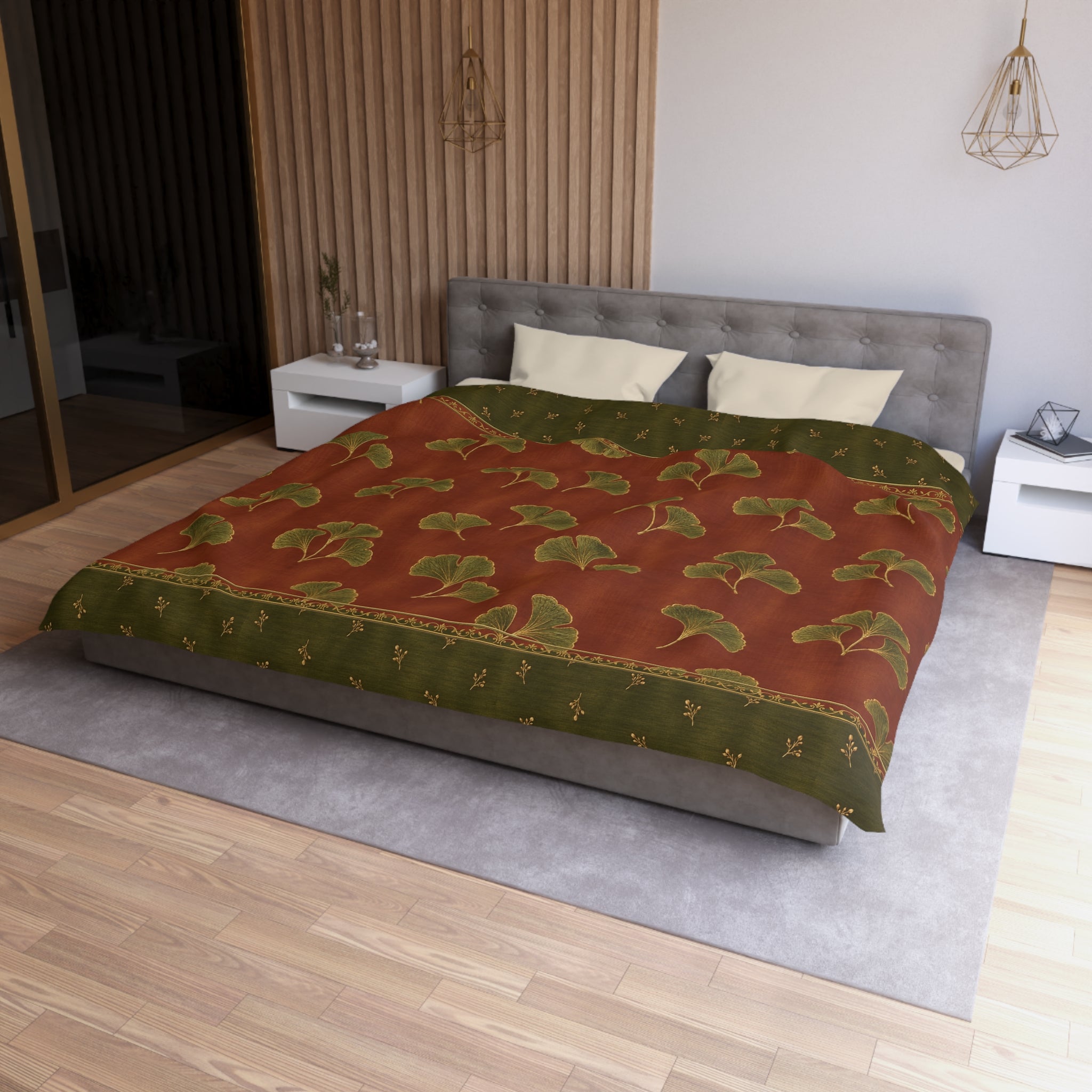 Rustic Ginkgo Leaf Microfiber Duvet Cover | Botanical Bedroom Decor, Green & Burgundy Quilt Cover