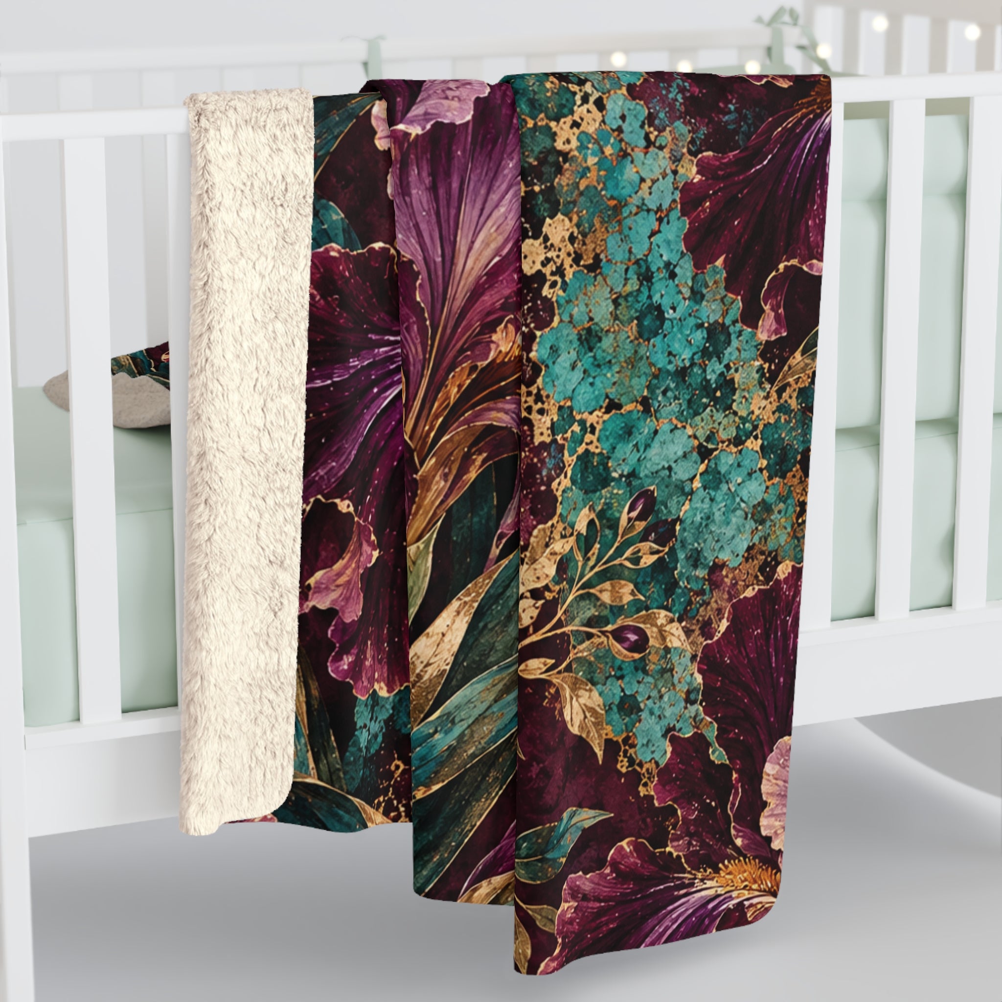 Floral Vintage Sherpa Blanket — Plush Purple Iris & Teal Botanical Throw