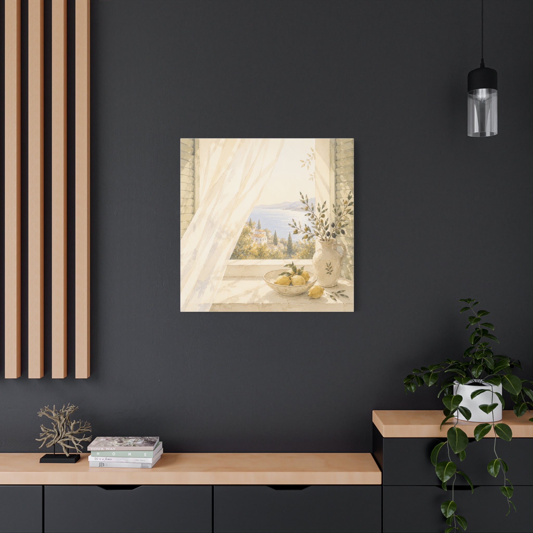 Golden Morning Window Canvas Wall Art, Mediterranean Lemon & Olive Print, Sunlit Linen Curtain Coastal Decor, Window Stories, Solen