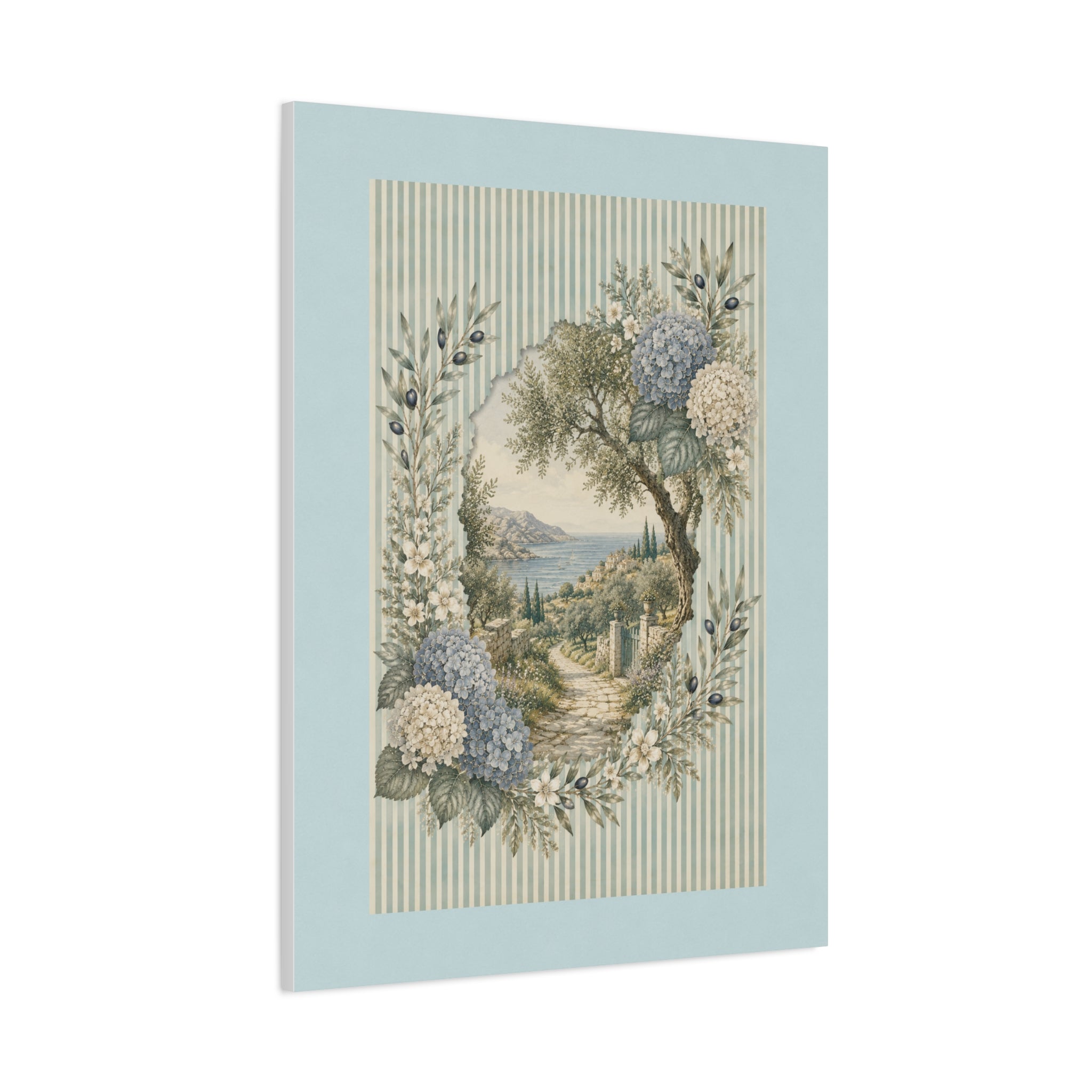 Coastal Garden Canvas Wall Art, Vintage Hydrangea Seaside Landscape Print, Blue Flower Coastal Decor, Cottage Wall Art, Solen