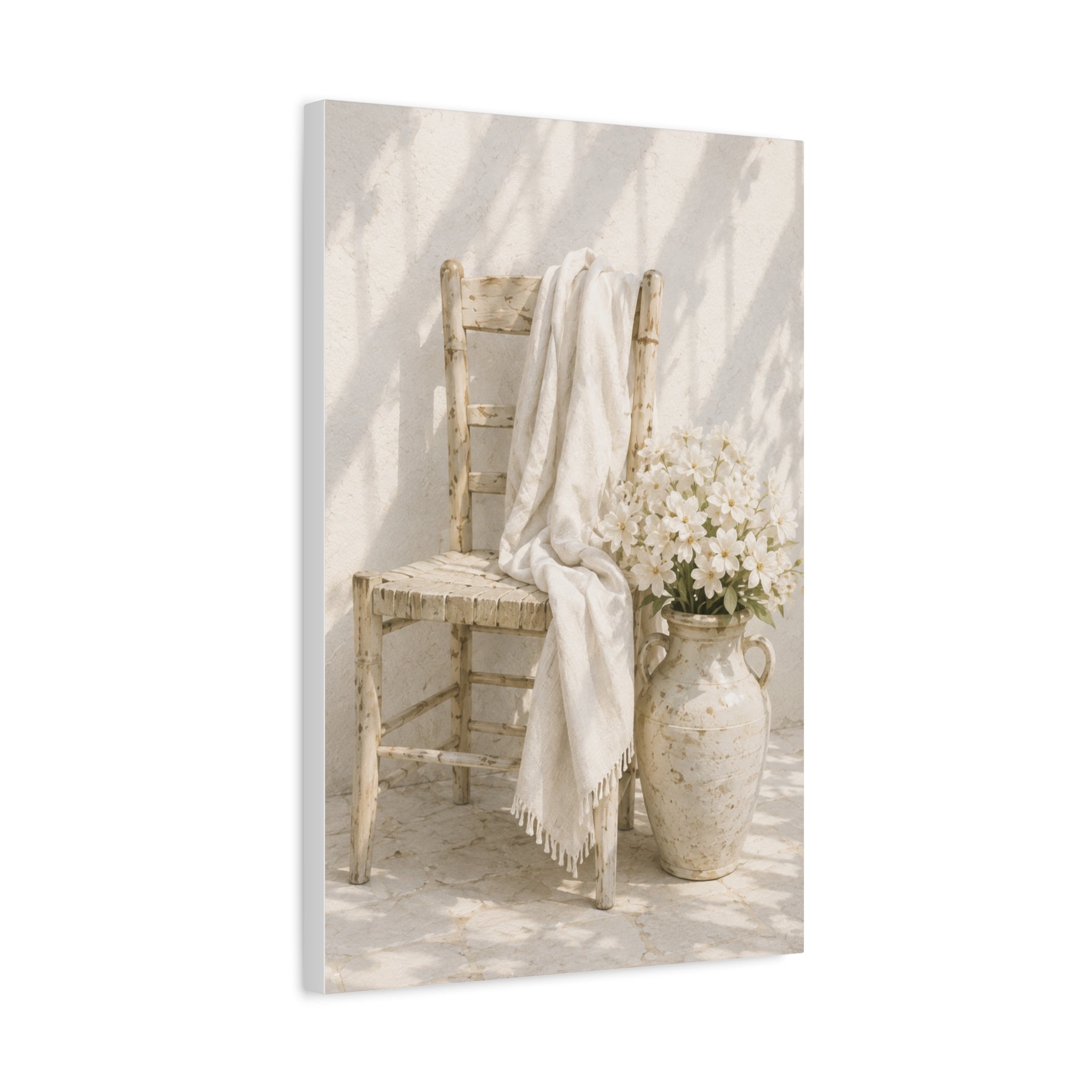 Neutral Cottage Chair Canvas Print, Rustic Chair with Vase Wall Art, Minimalist Mediterranean Decor, Beige Cottage Art, Solen