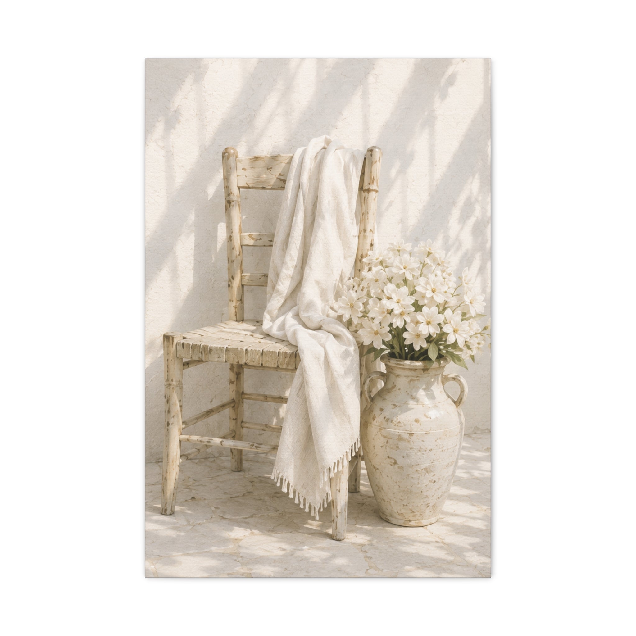 Neutral Cottage Chair Canvas Print, Rustic Chair with Vase Wall Art, Minimalist Mediterranean Decor, Beige Cottage Art, Solen
