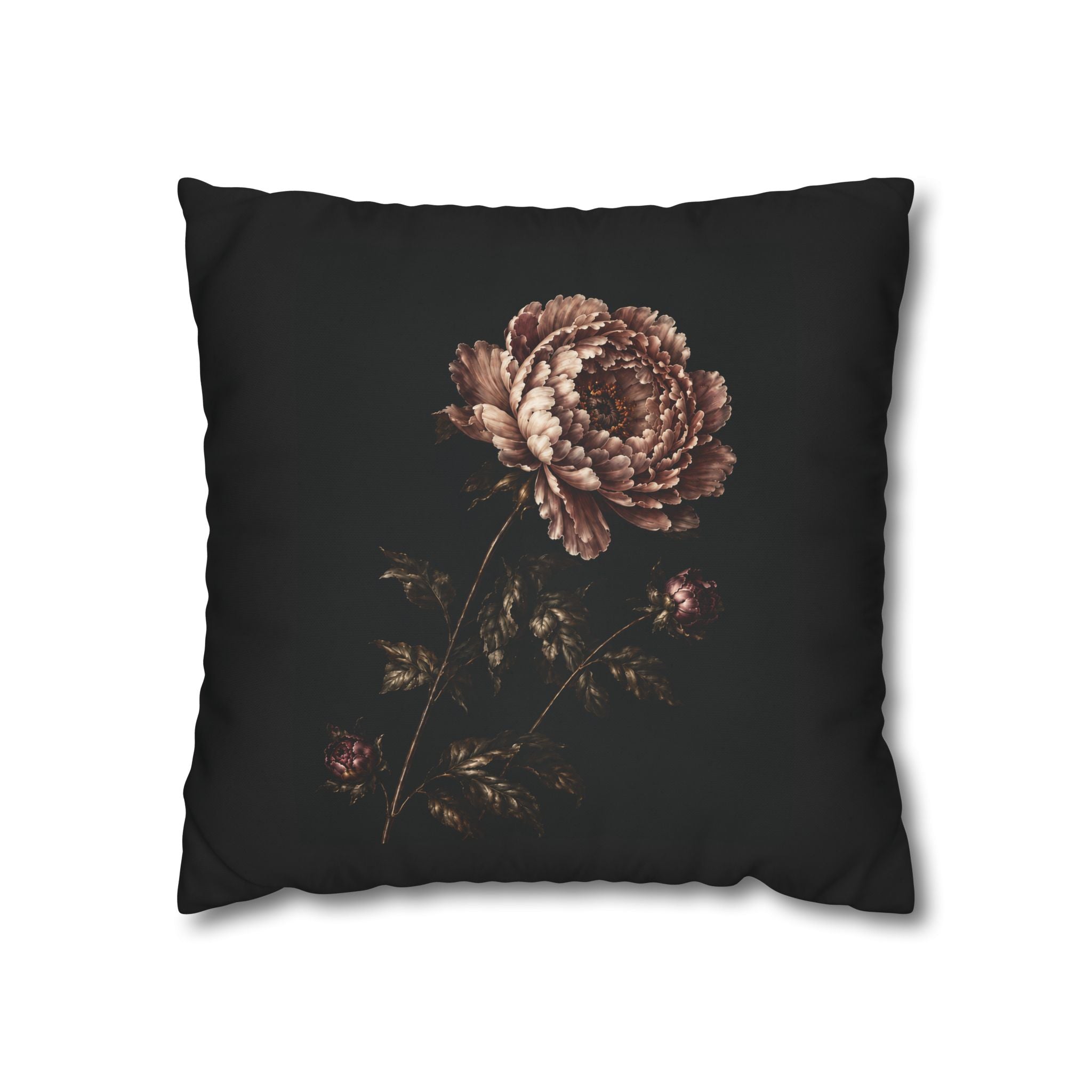 Blush Peony Throw Pillow Cover, Velvet Botanical Print on Black, Romantic Dark Floral Cushion, Moody Decorative Pillow, Solen