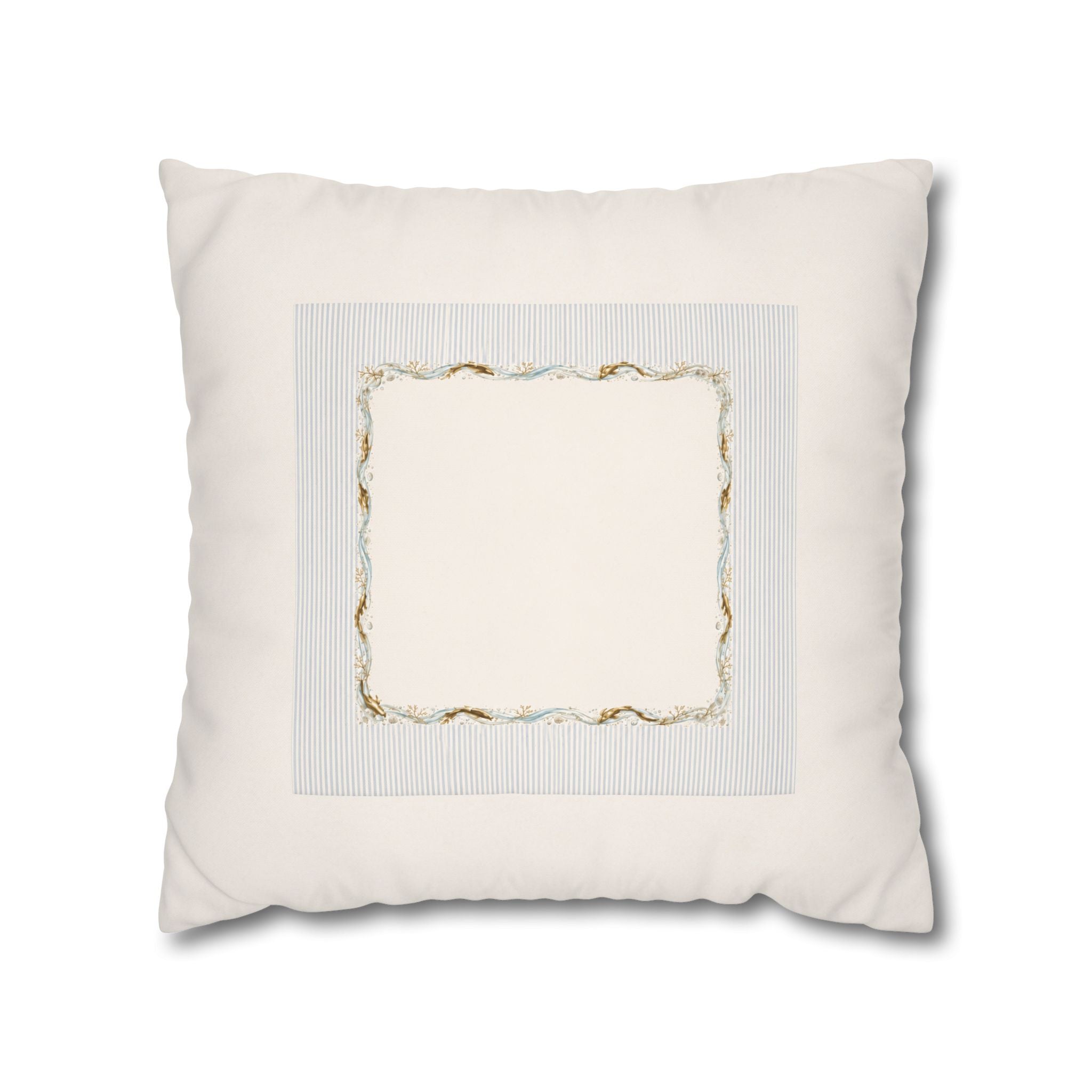 Embroidered Scalloped Edge Throw Pillow Cover, Blue & Gold Trim Decorative Cushion, French Country Farmhouse Home Decor, Square Pillow
