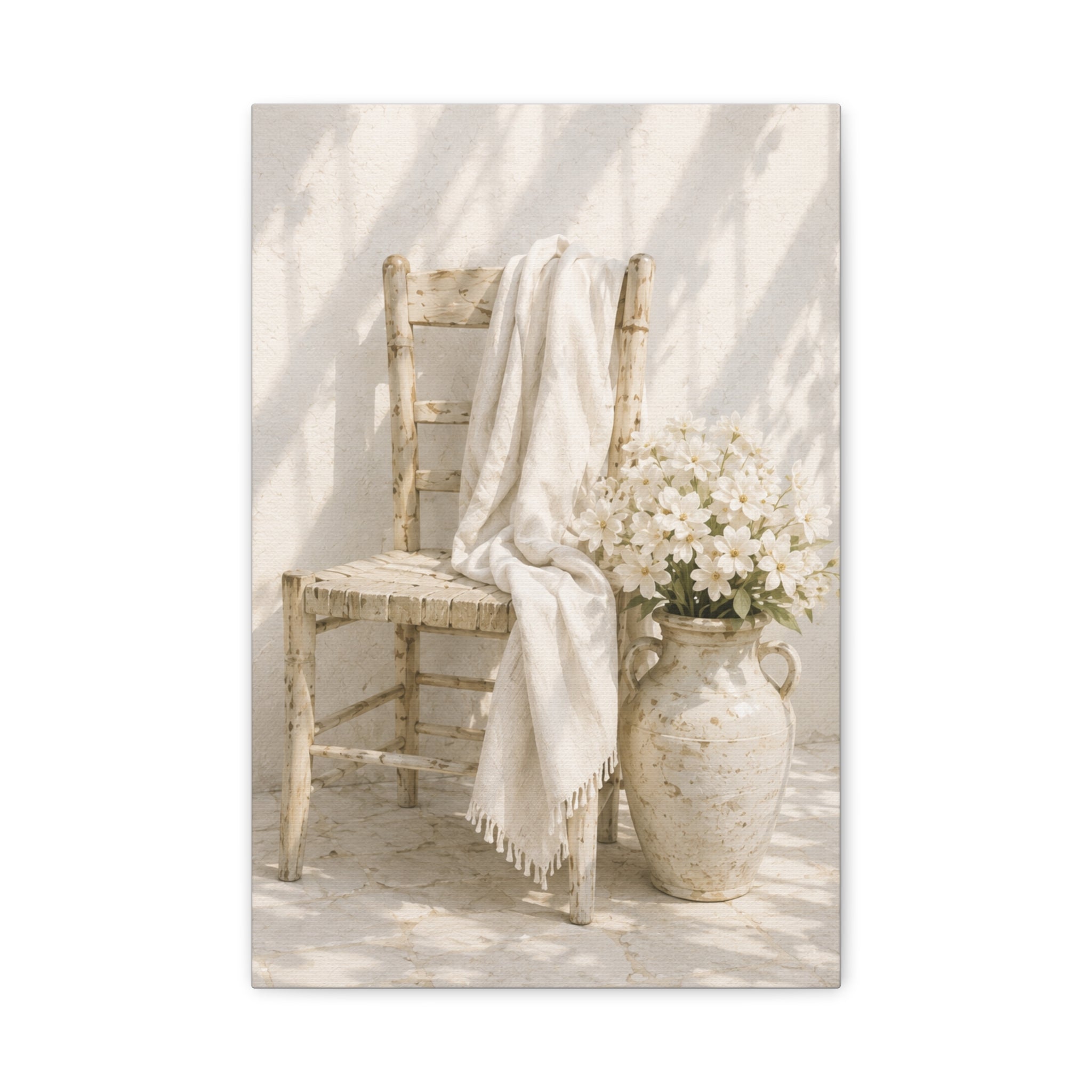 Neutral Cottage Chair Canvas Print, Rustic Chair with Vase Wall Art, Minimalist Mediterranean Decor, Beige Cottage Art, Solen
