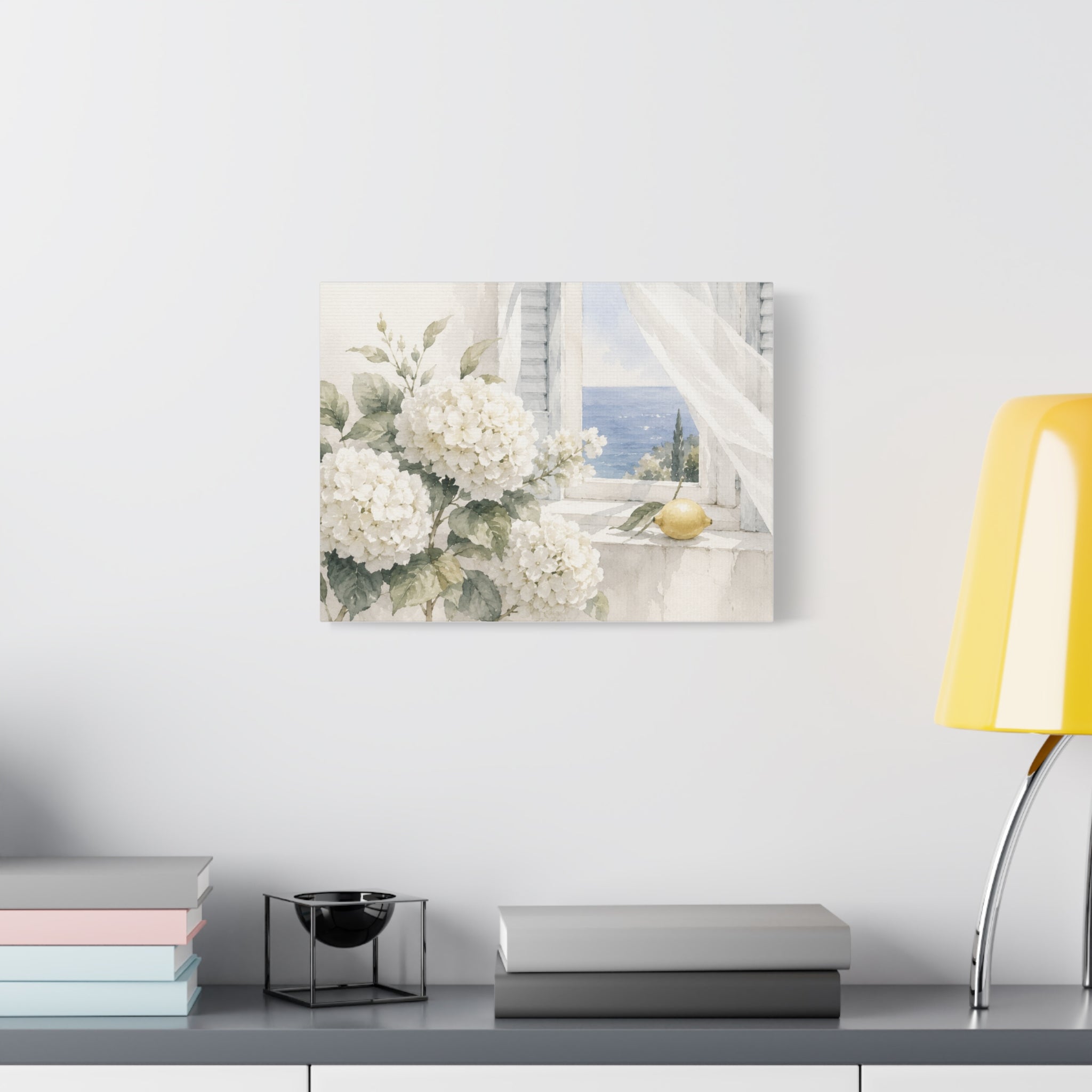 White Summer Window Canvas Wall Art, Hydrangea & Sea Watercolor Print, Coastal Cottage Bedroom Decor, Blue Seaside Art, Solen