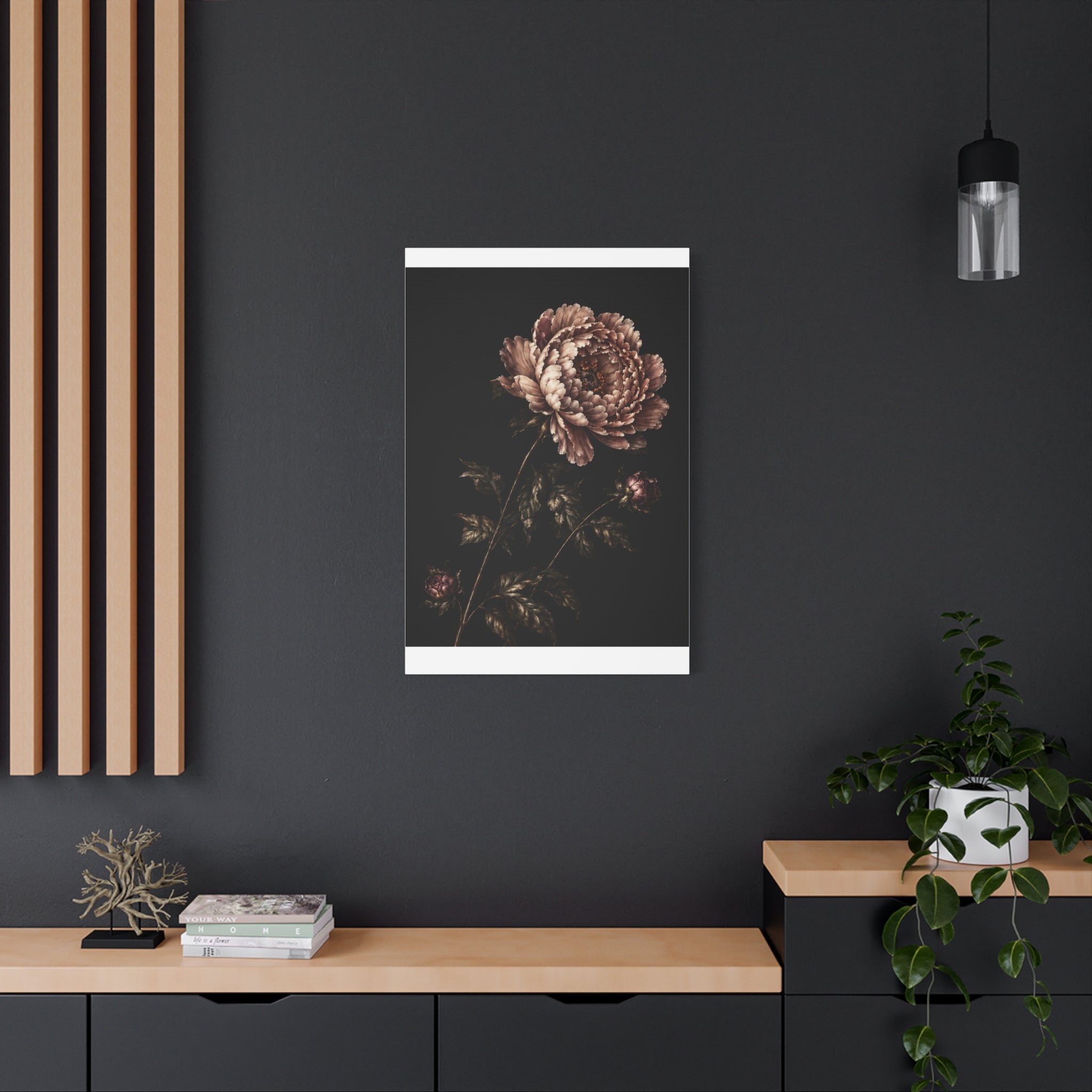 Blush Peony Canvas Wall Art, Velvet Botanical Print on Black, Romantic Floral Painting, Elegant Peony Wall Decor, Solen