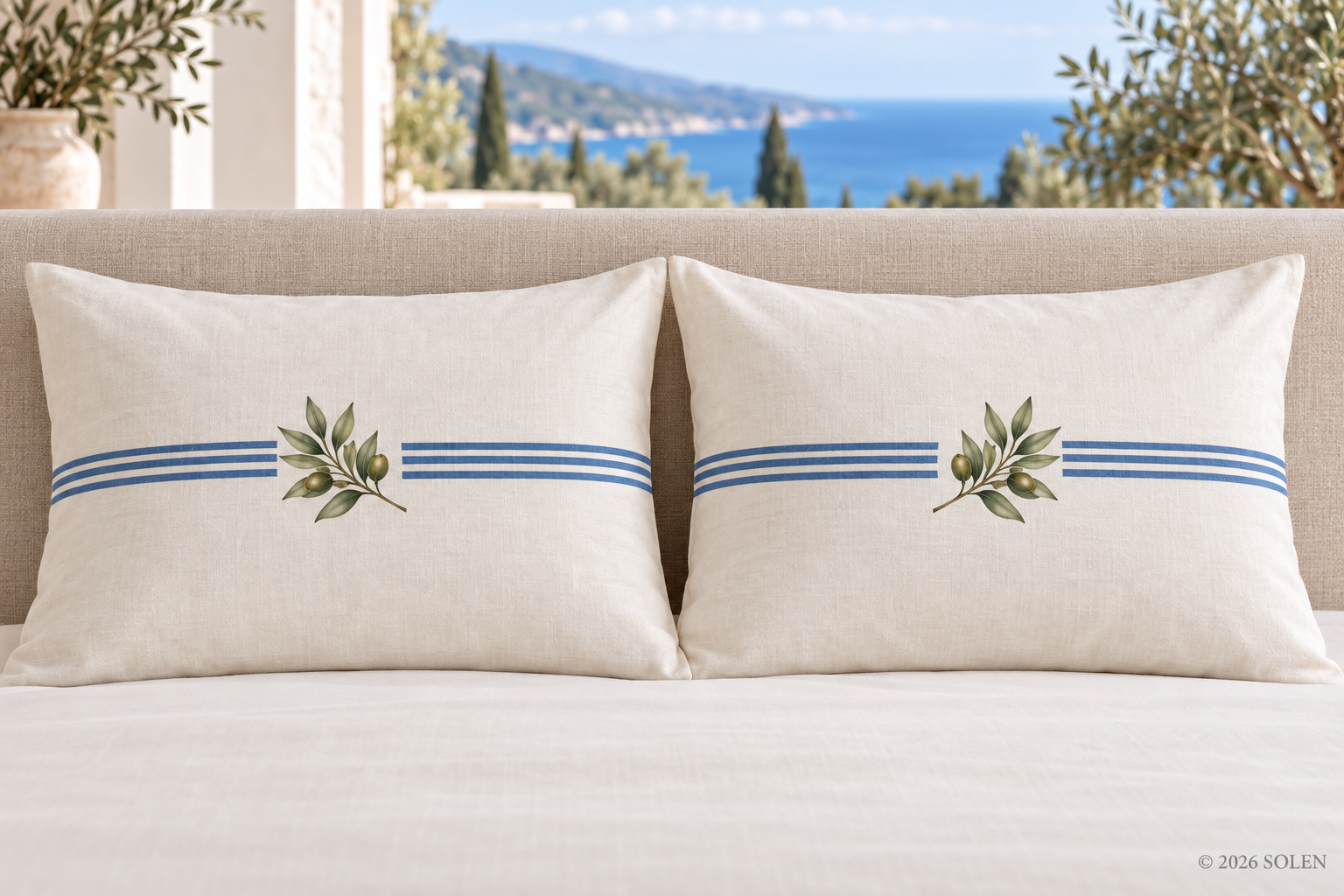Blue Stripe Olive Branch Duvet Cover Set, Mediterranean Cotton Bedding & Pillow Shams, Coastal Farmhouse Bedroom Decor,©SOLEN