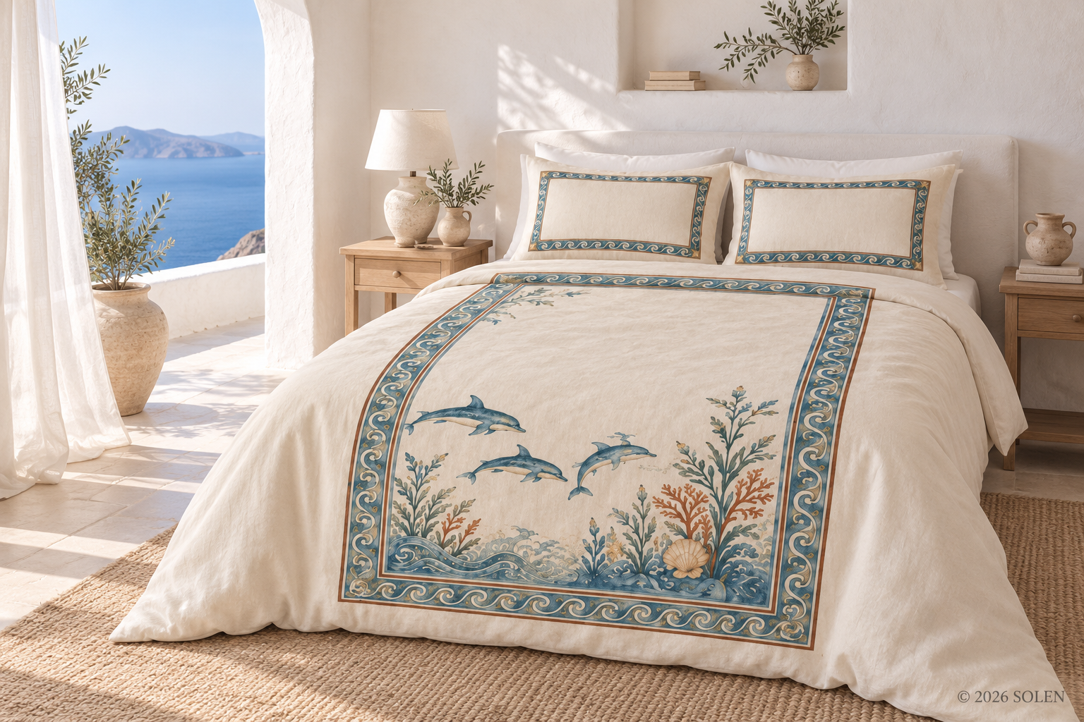Mediterranean Dolphin Duvet Cover Set – Coastal Wave & Coral Bedding, ©SOLEN