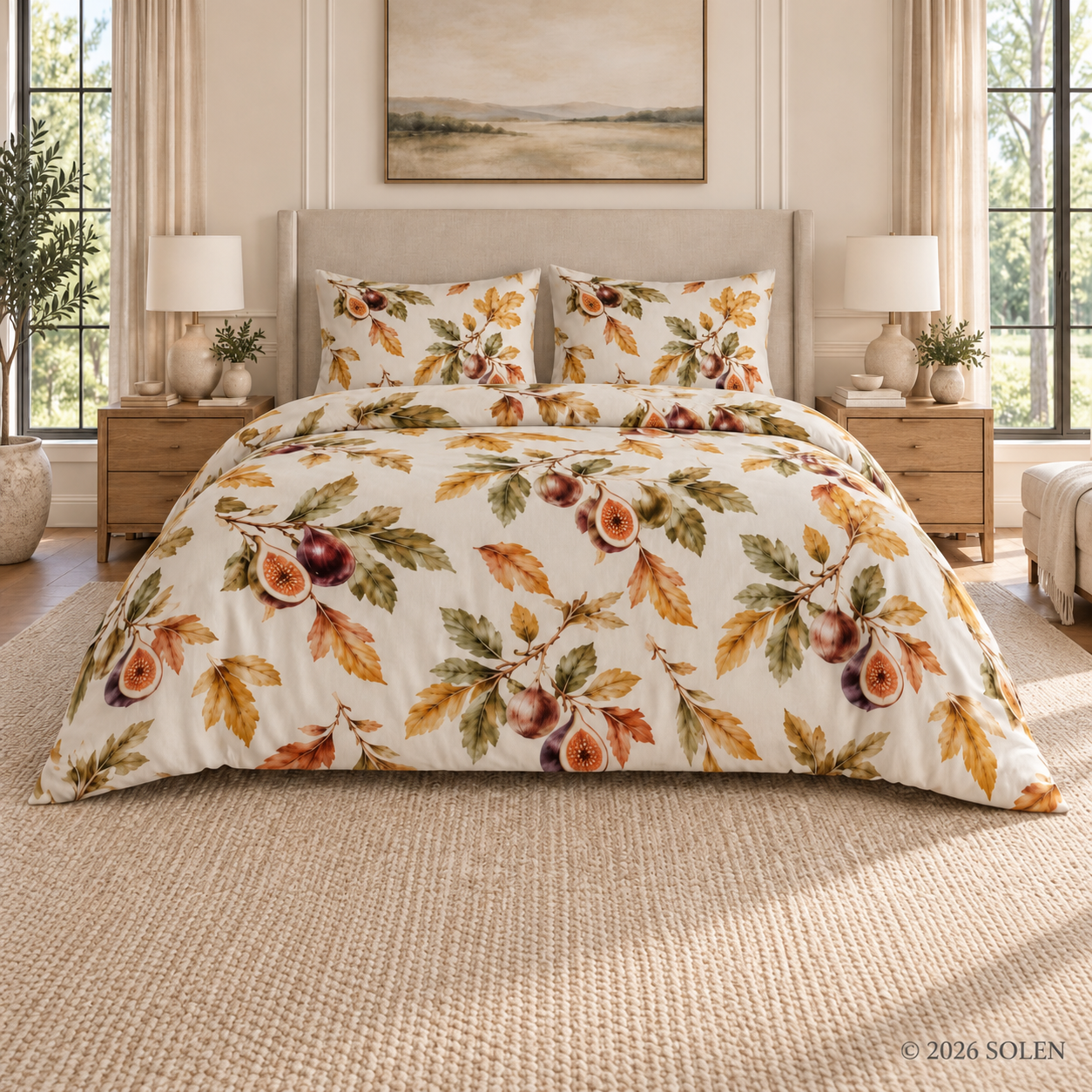 Fig Duvet Cover Set, Watercolor Botanical Fruit Bedding, Cream Cottagecore Bedroom Decor, ©SOLEN