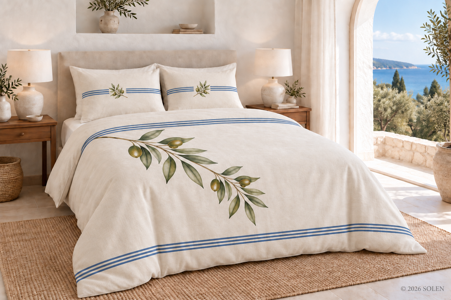 Blue Stripe Olive Branch Duvet Cover Set, Mediterranean Cotton Bedding & Pillow Shams, Coastal Farmhouse Bedroom Decor,©SOLEN