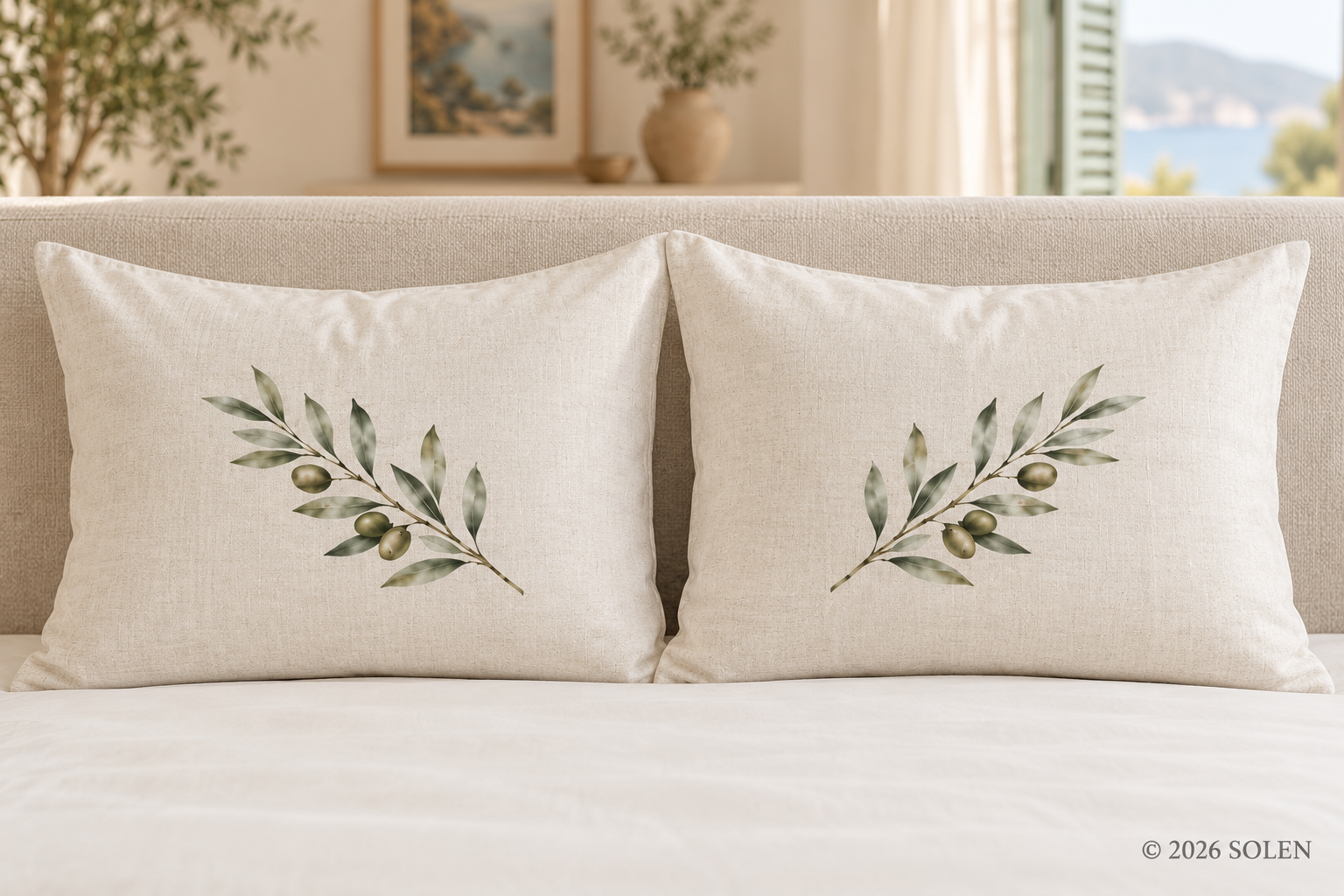 Olive Branch Duvet Cover Set, Scattered Olive Sprig Cotton Bedding, Cream Mediterranean Farmhouse Bedroom Decor,©SOLEN