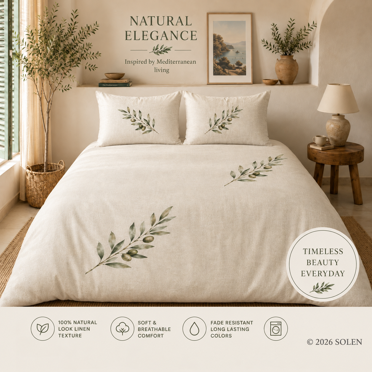 Olive Branch Duvet Cover Set, Scattered Olive Sprig Cotton Bedding, Cream Mediterranean Farmhouse Bedroom Decor,©SOLEN