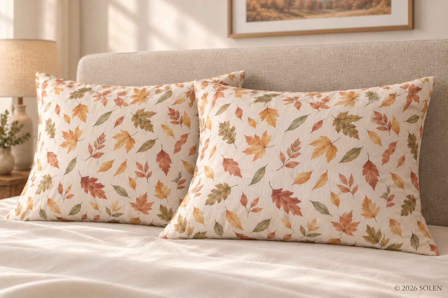 Autumn Leaves Duvet Cover Set, Fall Bedding with Pillowcases, Rustic Botanical Bedroom Decor,©SOLEN