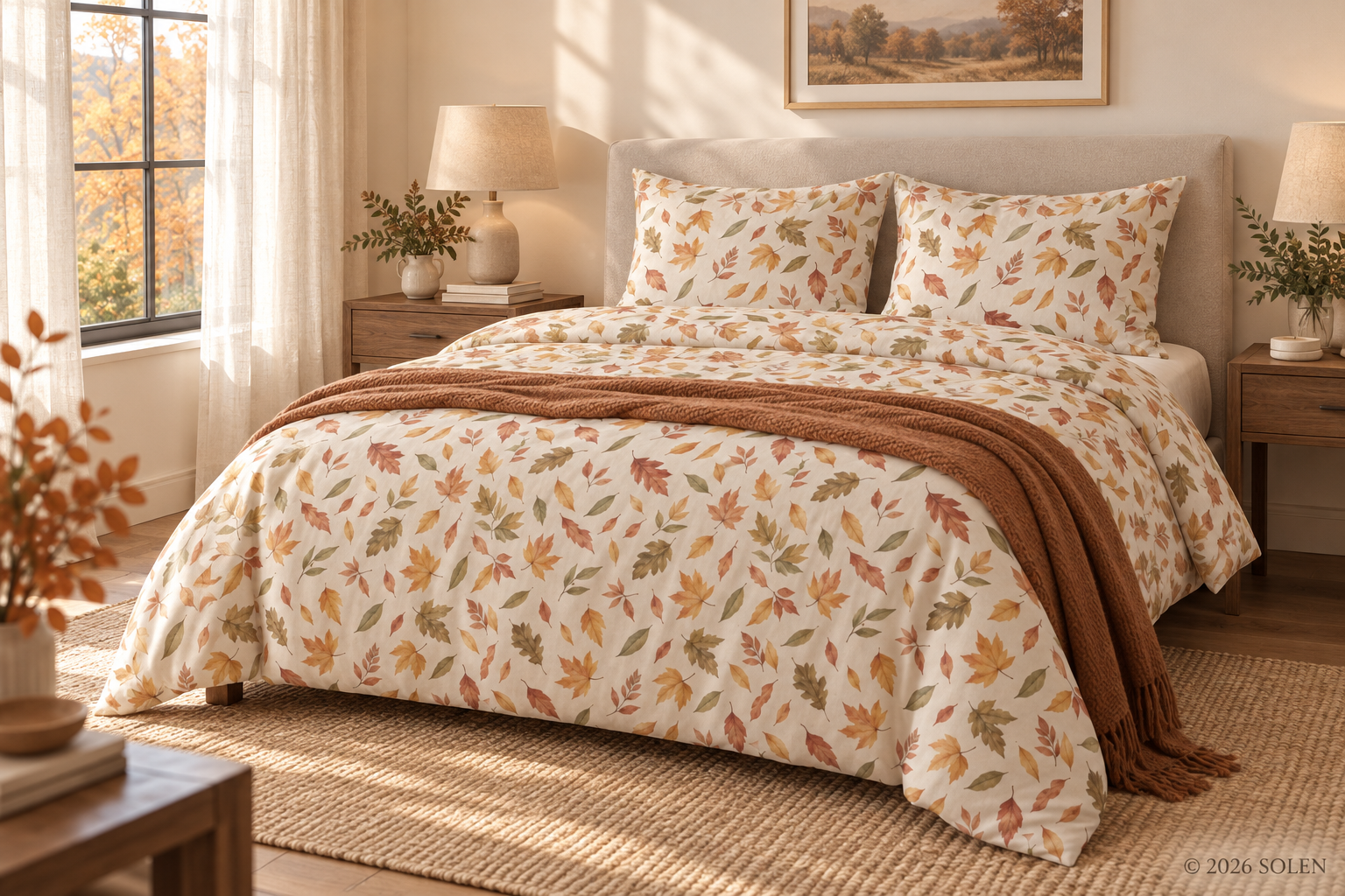 Autumn Leaves Duvet Cover Set, Fall Bedding with Pillowcases, Rustic Botanical Bedroom Decor,©SOLEN