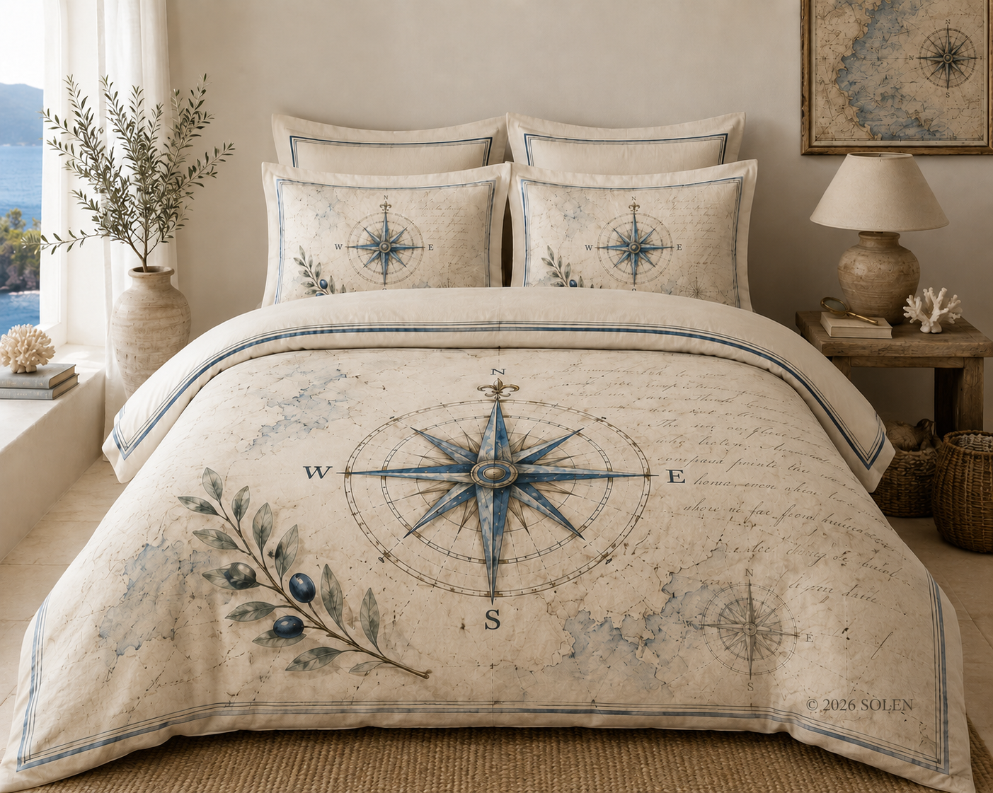 Old Compass bedding set in a bright Mediterranean bedroom, © 2026 SOLEN