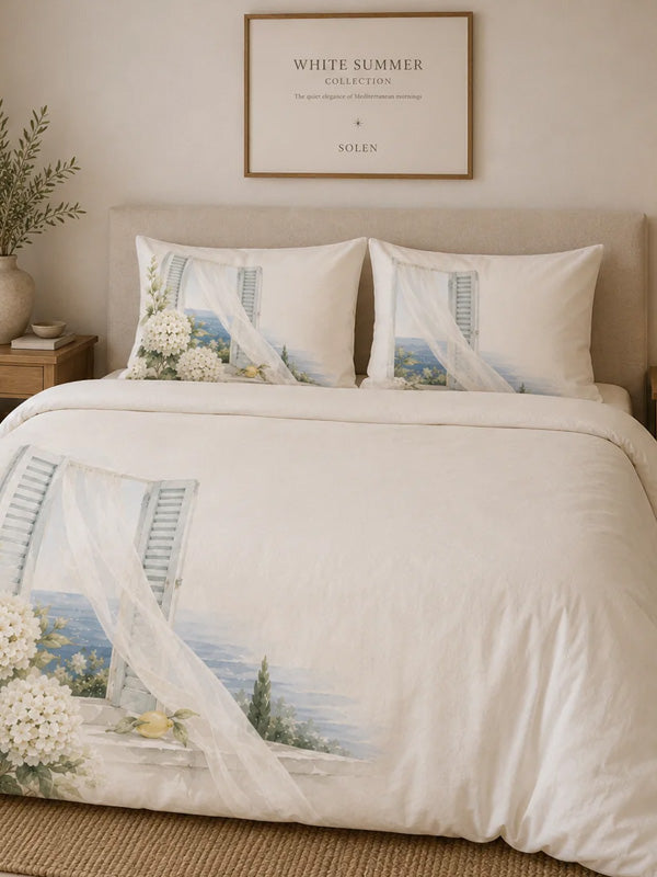 White Summer | Mediterranean Window Duvet Cover Set | Coastal Hydrangea Bedding | SOLEN ART