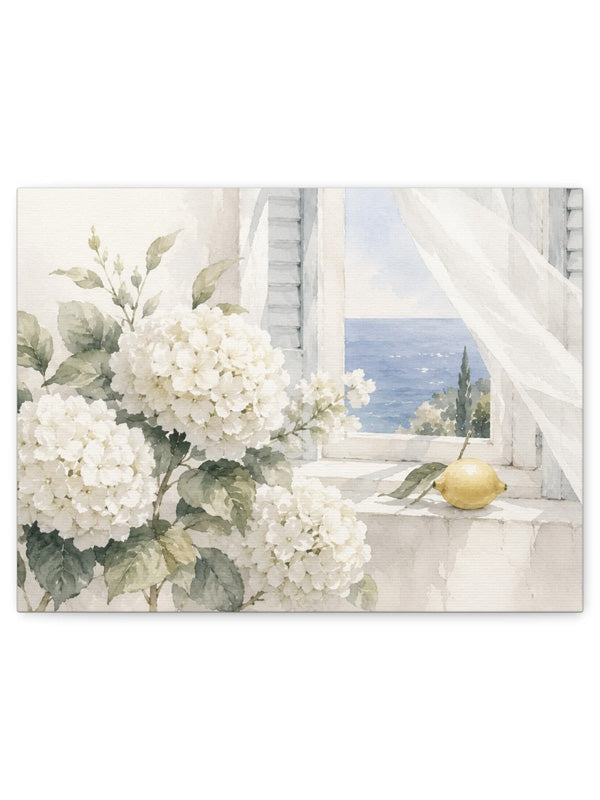 White Summer Window | Hydrangea & Sea Watercolor Wall Art — SOLEN ART